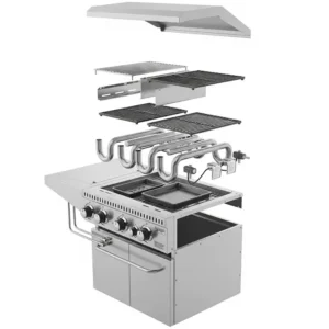 Eine Explosionszeichnung, die die Hauptkomponenten eines Einbau-Gasgrills zeigt, einschließlich der Brenner und des Zündsystems.