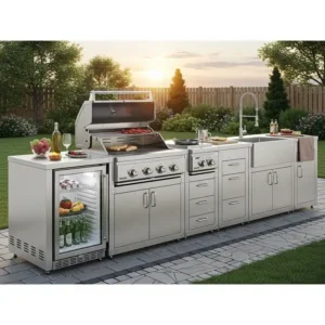 Ein modulares Außenküche Edelstahl Set mit verschiedenen konfigurierbaren Einheiten, die individuelle Layouts ermöglichen.