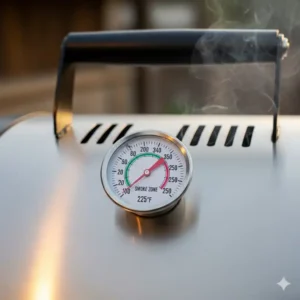 Präzises Thermometer an einem Smoker Außenküche Edelstahl.