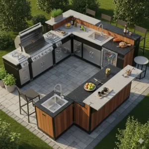 Eine visuelle Darstellung verschiedener Module, die zeigt, wie verschiedene Komponenten zu einem individuellen Außenküche Modulbau System kombiniert werden können.