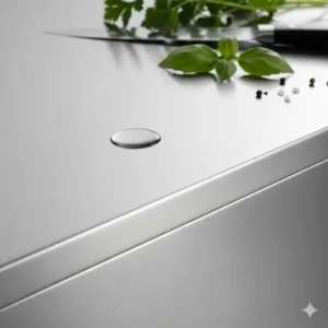 Eine nahtlose Edelstahl-Arbeitsplatte, die sich ideal für die Lebensmittelzubereitung als Teil eines Außenküche Edelstahl Set eignet.