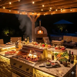 Eine beleuchtete Außenküche bei Nacht, die eine einladende Atmosphäre für abendliche Grillpartys schafft.