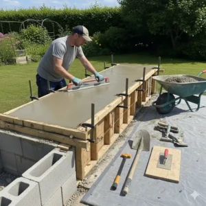 Ein Anleitungsbild, das den Betonbau-Prozess für eine DIY-Außenküche zeigt, bei dem eine Person die Oberfläche glättet.