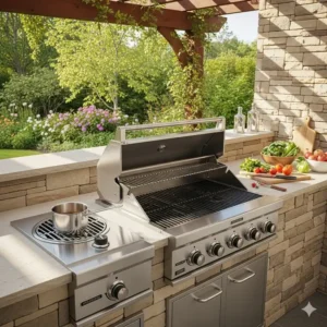 Eine Außenküche mit einem Einbau-Gasgrill und einem nützlichen Seitenbrenner für die Zubereitung von Saucen und Beilagen.