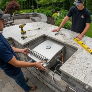 Einbau eines eingebauten Gasgrills in die maßgefertigte Struktur der Außenküche selber bauen.