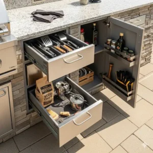 Eine offene Ansicht der wetterfesten Schubladen und Staufächer einer Außenküche, die reichlich Platz für Grillutensilien und Zubehör bietet.