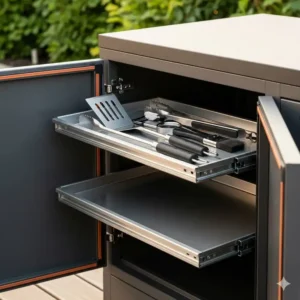 Detailansicht eines Aufbewahrungsmoduls zum Lagern von Küchenutensilien für die Außenküche Module kaufen.