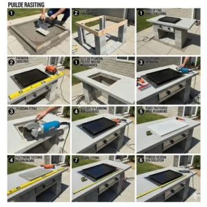 Eine visuelle Anleitung für ein DIY Außenküche-Projekt, die zeigt, wie ein Plancha Grill in eine speziell angefertigte Arbeitsplatte integriert werden kann.