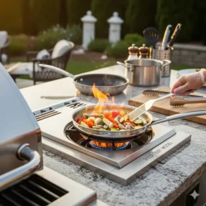 Ein Seitenbrenner auf einem Gasgrill Außenküche wird für das Kochen einer Beilage genutzt, was die Vielseitigkeit dieser Modelle im Test 2025 unterstreicht.