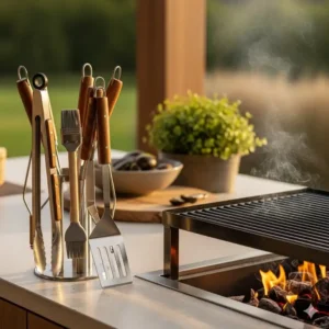 Eine minimalistische Außenküche aus Edelstahl, die zeigt, wie ein holzkohlegrill außenküche kaufen zu einem modernen und eleganten Look führen kann.