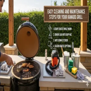 Schritte zur einfachen Reinigung und Pflege eines Kamado-Grills nach intensivem Gebrauch in der Außenküche.