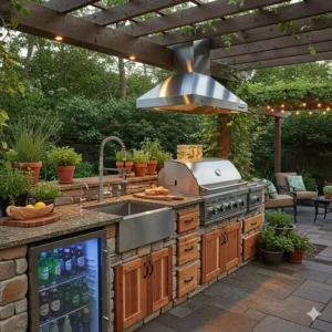 Voll ausgestattete Außenküche mit Grill und Spüle und Kühlschrank.