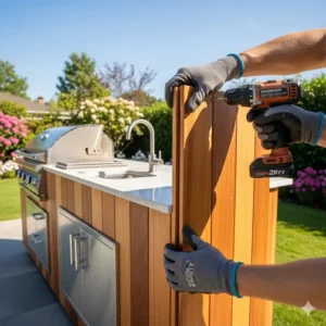 Anbringen der abschließenden Massivholzplatten an der Außenseite der Außenküche Massivholz selber bauen, um ihr ein fertiges Aussehen zu verleihen.