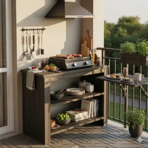 Ein funktionaler, kompakter Grillbereich für kleine Balkone mit Ablageflächen und Stauraum.