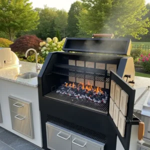 Holzkohlekammer eines Smoker Grill Außenküche Edelstahl.