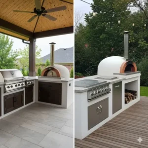 Ein visueller Vergleich, der hilft, eine überdachte oder offene Außenküche mit Pizzaofen planen.