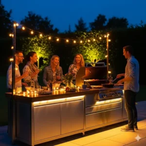 Eine stimmungsvolle Aufnahme eines Außenküche Modulbau System, beleuchtet von warmer Beleuchtung am Abend, die eine gemütliche und einladende Atmosphäre schafft.