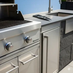 Die hochwertige Edelstahloberfläche und langlebige Materialien, die beim Bau der Außenküche verwendet wurden, sind hier im Detail zu sehen.