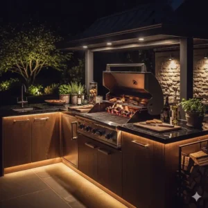 Eine beleuchtete Außenküche mit einem Gasgrill bei Nacht. Die integrierte LED-Beleuchtung schafft eine stimmungsvolle Atmosphäre für das abendliche Grillen.