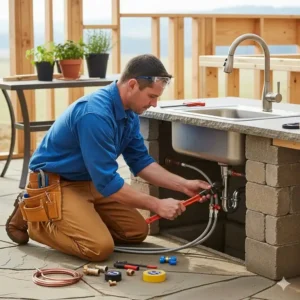 Ein Klempner, der die Wasserleitungen an eine neue Spüle für eine Außenküche selber bauen anschließt.