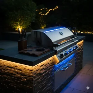 Eine bbq grillstation mit stilvoller LED-Beleuchtung, perfekt für Abendveranstaltungen.