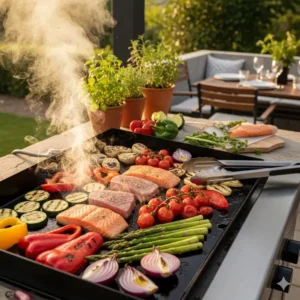Ein lebendiges Bild von verschiedenem Gemüse und Fisch, das auf einem heißen Plancha Grill zubereitet wird, was die vielfältigen kulinarischen Möglichkeiten einer Außenküche verdeutlicht.