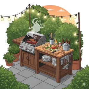 Eine Illustration einer kleinen Outdoor-Grillstation mit einer praktischen Arbeitsfläche.