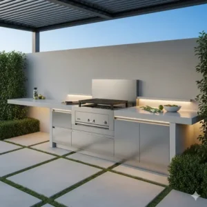 Eine minimalistische Außenküche aus Edelstahl, die zeigt, wie ein holzkohlegrill außenküche kaufen zu einem modernen und eleganten Look führen kann.