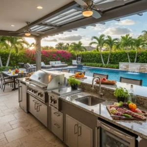 Luxuriöse Außenküche mit Grill und Spüle mit Blick auf einen Pool.
