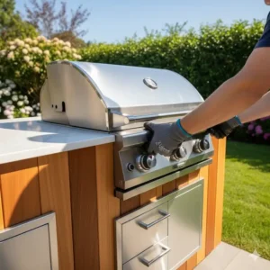 Ein Einbaugrill wird vorsichtig in seine vorgesehene Stelle im Massivholzschrank der Außenküche Massivholz selber bauen abgesenkt.