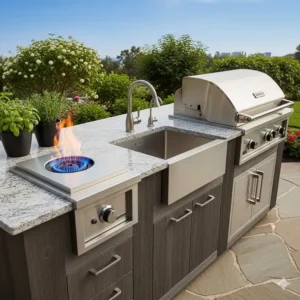 Ein Detailbild, das die zusätzlichen Funktionen einer Premium Gasgrill Außenküche hervorhebt, wie den integrierten Seitenbrenner und die Edelstahlspüle.