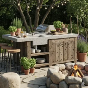 Eine rustikale Außenküche mit einer roh behauenen Betoninsel, gepaart mit recycelten Holzdetails und einer steinernen Feuerstelle.