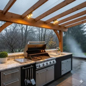 Ein Bild, das einen Einbau-Gasgrill in einer überdachten Außenküche zeigt und seine ganzjährige Nutzbarkeit demonstriert.
