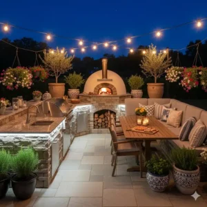 Ein inspirierendes Bild einer fertiggestellten und stilvollen Außenküche mit Pizzaofen planen.