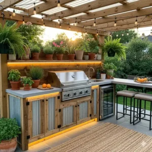 Die fertiggestellte Außenküche selber bauen, wunderschön dekoriert mit Pflanzen und stilvoller Beleuchtung, bereit zur Nutzung.