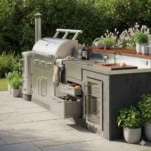 Seitenansicht einer eleganten Außenküche Smoker Grill Edelstahl.