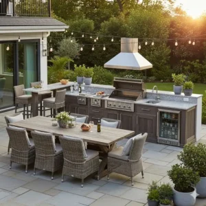 Das Komplettset der Außenküche wurde stilvoll auf einer Terrasse platziert, was die Vielseitigkeit der Produktaufstellung demonstriert.