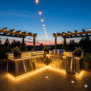 Ein beleuchtetes Außenküche Edelstahl Set in der Abenddämmerung mit integrierter LED-Beleuchtung.