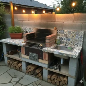 Selbstgebaute Außenküche mit Grill und Spüle aus Mauerwerk und Fliesen.