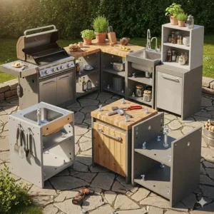 Verschiedene Module einer günstigen DIY Außenküche wetterfest günstig.