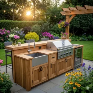 Die fertige Außenküche Massivholz selber bauen steht stolz in einer Gartenumgebung und ist einsatzbereit.