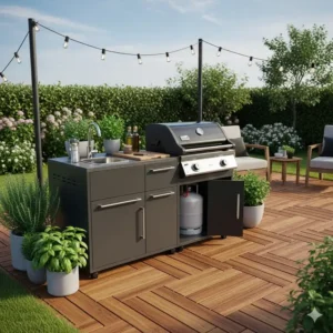 Eine kompakte außenküche mit bbq grillstation auf einer schönen Terrasse, ideal für kleinere Gärten.