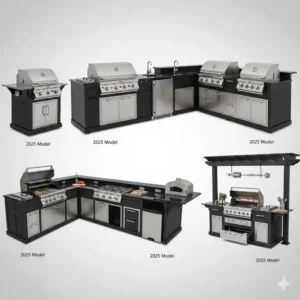 Ein Vergleichsbild, das verschiedene Größen und Konfigurationen von Gasgrill Außenküchen nebeneinander zeigt, ideal für einen Test und Vergleich für das Jahr 2025.