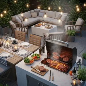 Eine einladende Außenküche mit einem Holzkohlegrill und einem gemütlichen Sitzbereich. Der ideale Grund, einen holzkohlegrill außenküche kaufen zu wollen, um Gäste zu unterhalten.