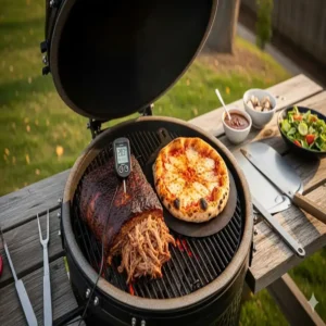 Perfekte Grillergebnisse von Gerichten wie Pulled Pork und Pizza, zubereitet auf einem Kamado-Grill aus unserem Test.