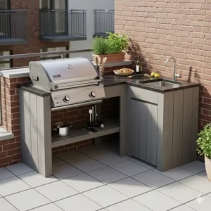 Ein kompaktes Design für eine Außenküche mit einem platzsparenden Einbau-Gasgrill, ideal für kleinere Terrassen oder Balkone.