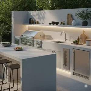 Eine elegante, minimalistische Außenküche betonbau idee, die aus glattem, hellgrauem Beton mit klaren Linien, Edelstahlgeräten und integrierter Beleuchtung besteht.