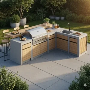 Ein komplettes Außenküche Modulbau System mit einem schlanken, minimalistischen Design, gefertigt aus modernen Materialien wie Holz und Beton.