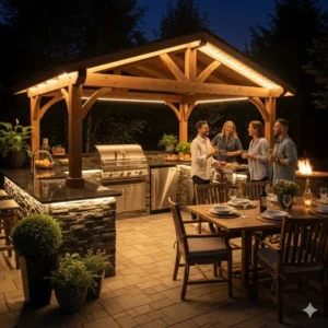 Eine beleuchtete Außenküche Module kaufen bei Nacht für gemütliches Beisammensein.