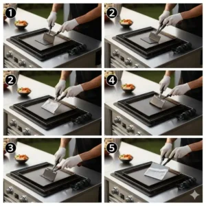 Eine schrittweise Bildanleitung, die den Reinigungsprozess einer Plancha Grillplatte nach Gebrauch zeigt, unerlässlich für die Pflege einer Außenküche.